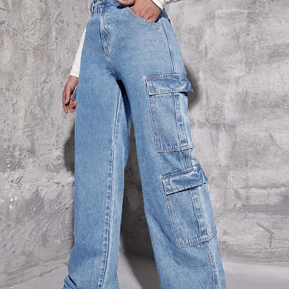 Blue Casual Womens Zipper Fly Flap Pocket Boyfriend Jeans - Picture 2 of 5